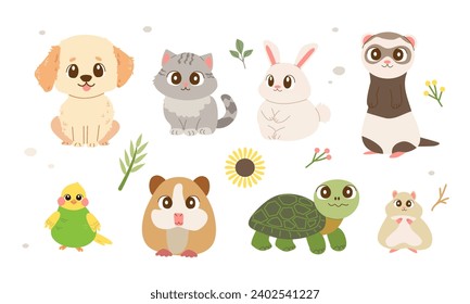  Dibujo vectorial de animales domésticos, aislamiento de estilo plano en blanco ,perro , gato , loro , hámster , conejito ,conejillo de indias ,hurón ,tortuga para diferentes usos de diseño , 