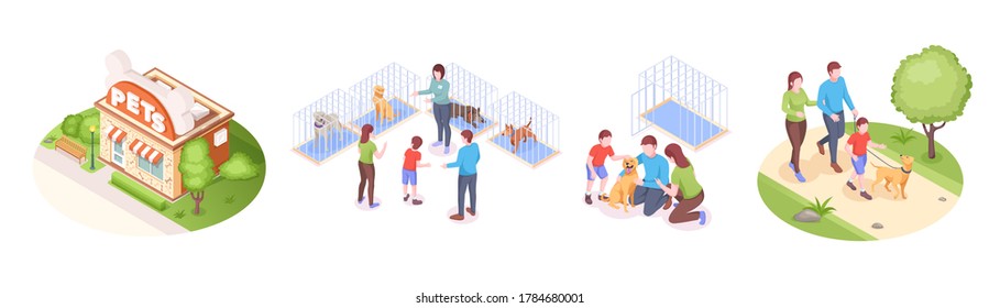 Pets shelter and animals adoption, family takes dog home, vector isometric set. Happy family with kid choose and takes home dog in pet shelter, walk in park, pets adopting rescue and help concept