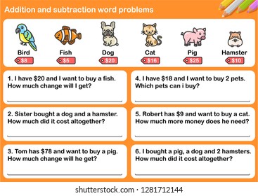 At the pets shop, Addition and Subtraction word problems - Worksheet for education.