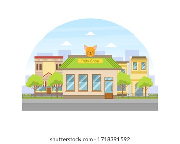 Pets Shop Building Facade, View of City Street, Urban Summer Landscape Vector Illustration