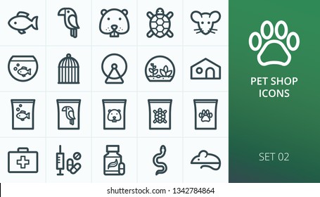 Pets shop icons set. Set of fish, bird, hamster, turtle, mouse, snake, cage, food, vitamins, pills, veterinary, terrarium, aquarium outline vector icons