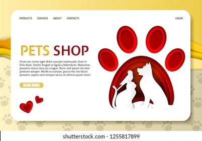 Pets shop landing page website template. Vector paper cut red paw print with dog, cat and parrot silhouettes. Pet online store. Animal shelter, veterinary clinic services.