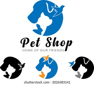 pets shop logo design, illustration vector graphic of cat, dog, bird, and rabit perfect for everyone, onlyn shop and company