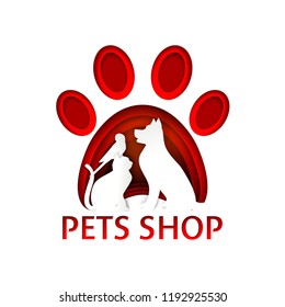 Pets shop logo design template. Vector paper art illustration of red paw print and dog, cat and parrot silhouettes in it.