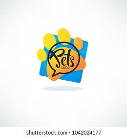 Pets shop logo, vector image of vibrnt blue speech bubble, dog footprint and lettering composition