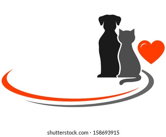 pets silhouettes, red heart and place for text