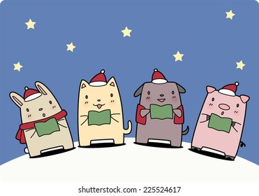 Pets singing a christmas carol vector cartoon illustration