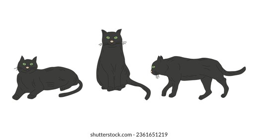 Pets sleep and sit in different poses. Cats are black. Design of a banner, a poster for a pet store and pet supplies. Vector flat illustration.
