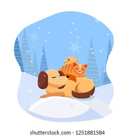 Pets sleeps comfortably on snowdrift in snowy forest. cat sleeps on dog, hamster sleeps on cat. It's snowing with large snowflakes. Flat cartoon vector illustration