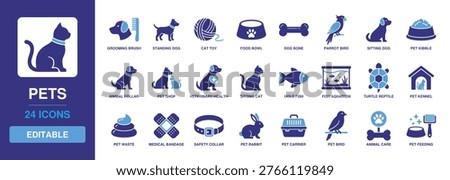 Pets Solid Vector Glyph Icon Set including grooming brush, standing dog, cat toy, food bowl, dog bone, parrot bird, sitting dog, and pet kibble for animal care and veterinary apps.
