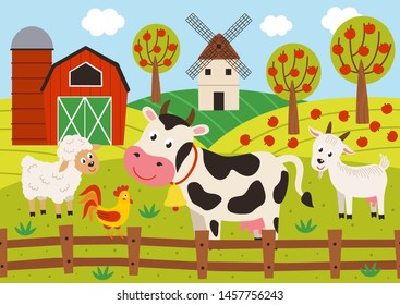 pets stand in the barnyard - vector illustration, eps    