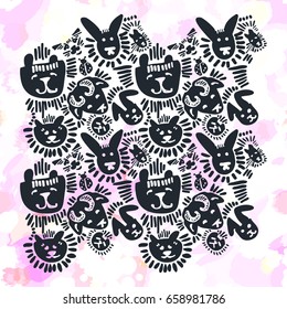 Pets stylish seamless textile ink brush strokes design in doodle grunge texture style.Modern painted artistic print.Handdrawn trendy design for a logo, cards, invitations, posters, banners.
