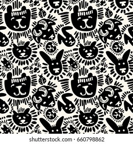 Pets stylish seamless textile ink brush strokes design in doodle grunge texture style.Modern painted artistic print.Handdrawn trendy design for a logo, cards, invitations, posters, banners.