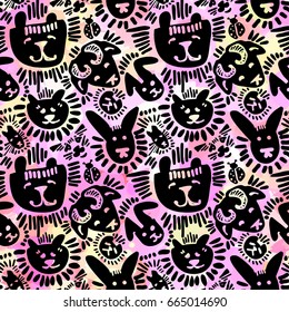 Pets stylish seamless textile ink brush strokes design in doodle grunge texture style.Modern painted artistic print.Handdrawn trendy design for a logo, cards, invitations, posters, banners.