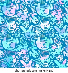 Pets stylish seamless textile ink brush strokes design in doodle grunge texture style.Modern painted artistic print.Handdrawn trendy design for a logo, cards, invitations, posters, banners.