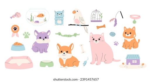 Pets and supplies big collection. Cute cat, dog, hamster, budgie, fish in bowl. Rope toys, puppy couch, kitten feeder with food, parrot cage icon, bone, house element. Vector illustrations set.