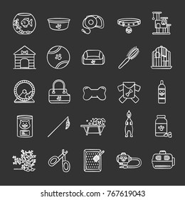 Pets supplies chalk icons set. Domestic animals goods. Pets food, toys, accessories, houses. Isolated vector chalkboard illustrations