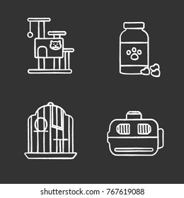 Pets supplies chalk icons set. Cat's tree house, veterinary medicine, birdcage, pets carrier. Isolated vector chalkboard illustrations