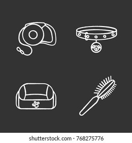 Pets supplies chalk icons set. Dog neck collar and retractable lead, pet bed, fur brush. Isolated vector chalkboard illustrations