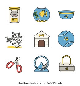Pets supplies color icons set. Canned cat food, aquarium, dog bowl, seaweed, doghouse, toy ball, nail clippers, hamster wheel, pets bag carrier. Isolated vector illustrations