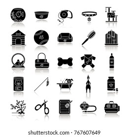 Pets supplies drop shadow black glyph icons set. Domestic animals goods. Pets food, toys, accessories, houses. Isolated vector illustrations