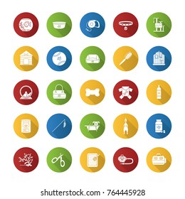 Pets supplies flat design long shadow glyph icons set. Domestic animals goods. Pets food, toys, accessories, houses. Vector silhouette illustration