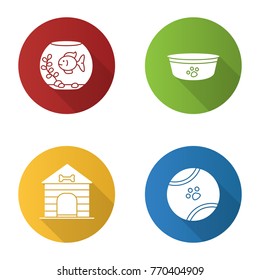 Pets supplies flat design long shadow glyph icon. Aquarium, dog bowl, doghouse, toy ball. Vector silhouette illustration