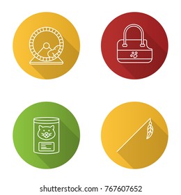Pets supplies flat linear long shadow icons set. Canned cat food, pets bag carrier, feather toy, hamster wheel. Vector outline illustration