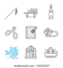 Pets supplies linear icons set. Feather toy, grooming, rubber chicken, nail clippers, litter box, hoover, seaweed, birdcage, carrier. Thin line contour symbols. Isolated vector outline illustrations