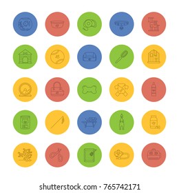 Pets supplies linear icons set. Domestic animals goods. Pets food, toys, accessories, houses. Thin line outline symbols on color background. Vector illustrations