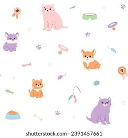 Pets and supplies seamless pattern. Cute cat, doodle dog, rope toys, feather, kitten feeder with food, bone, award with paw sign. Vector illustration. Puppy and kitten childish background.