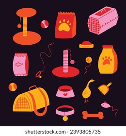 Pets supplies set, cat toys vector illustration bundle, pet shop, dog playing accessories collection, feline toy mouse, food, bags, chewing bone flat graphic elements kit, items for domestic animals