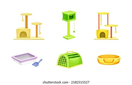 Pets supplies set. Scratching post, bed, toilet and scoop, accessories for cats and dogs care vector illustration