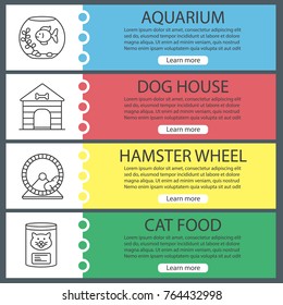 Pets supplies web banner templates set. Aquarium, dog house, hamster wheel, cat food. Website color menu items with linear icons. Vector headers design concepts