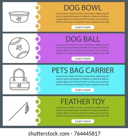 Pets supplies web banner templates set. Dog bowl, toy ball, animal bag carrier, feater on stick. Website color menu items with linear icons. Vector headers design concepts