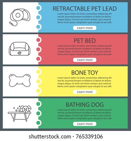 Pets supplies web banner templates set. Website color menu items with linear icons. Pet lead, animal bed, bone chew toy, bathing dog. Vector headers design concepts