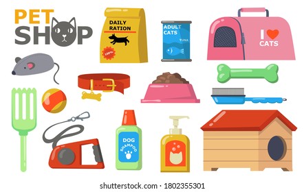 Los suministros de mascotas están mojados. Comida y accesorios para el cuidado de gatos y perros, tazón, collarín, cepillo, juguetes, correa, champú, lata, perrera. Ilustración de vectores para tienda de mascotas, concepto de animales domésticos