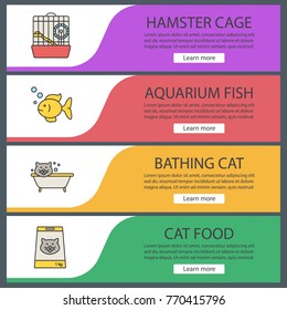 Pets suppplies web banner templates set. Hamster cage, aquarium fish, grooming, cat food. Website color menu items. Vector headers design concepts