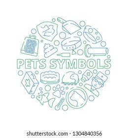 Pets symbols. Circle shape with veterinary clinic icons dogs cats fish bones vector thin pictures