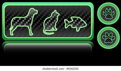 Pets symbols neon round and rectangle buttons set, vector illustration