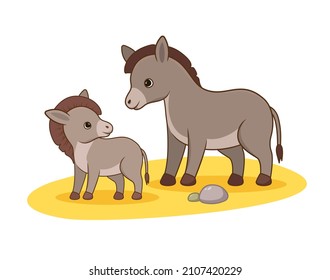 El concepto de mascotas y sus hijos. Afiche con burro joven y adulto. Agricultura o animales de granja. La madre y el bebé pastan en praderas. Dibujo vectorial plano de dibujos animados aislado en fondo blanco