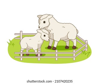 Pets and their children concept. Poster with fluffy young and adult sheep in wooden pen grazing in field. Mother and baby farm animals. Cartoon flat vector illustration isolated on white background