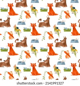 Pets with their food. Seamless background pattern. Vector illustration

