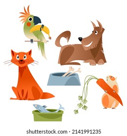 Pets with their food. Vector illustration

