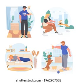 Pets with their owners concept scenes set. Man holds parrot, trains dog. Woman resting with cat or playing with puppy. Collection of people activities. Vector illustration of characters in flat design
