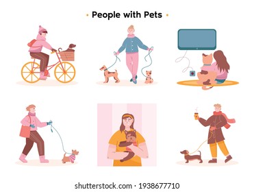 Pets with their owners in different scenes. Women spend time with their pets. A young girl on a bicycle carries a puppy in a basket. Woman sits on the floor with a cat and watches TV. 