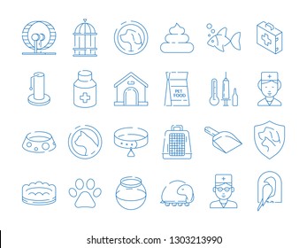 Pets thin icon. Veterinary pills fish dogs cats animals symbols vector collection