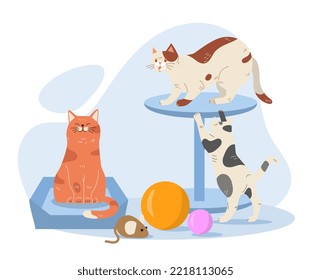 Pets with toys. Cats and mice near house and colorful balls, playful and charming characters. Poster or banner for website. Animal love and care, accessories. Cartoon flat vector illustration