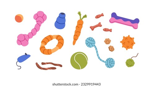 Pets toys set. Playing accessories, supplies for cats, dogs. Feline plush mouse, twine rope with knots, canine chewing bone, ball. Flat graphic vector illustrations isolated on white background - Shutterstock ID 2329919443
