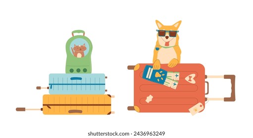 Pets travel set. Trip with cats and dogs. Transportation box and backpack carrier, passport with tickets and domestic animals. Vector illustration.